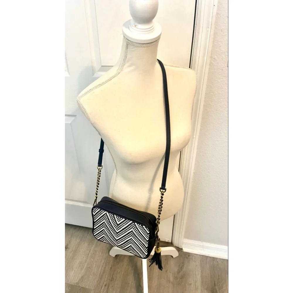 Michael Kors Woven Chevron Leather Camera Bag Navy Blue and Gold hardware